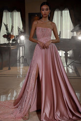 Modern Pink Long A-line Sequins Satin Prom Dress with Slit